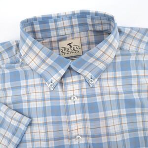 Genteal Performance Plaid Button Down Blue Short Sleeve Shirt Mens Medium FLAWS